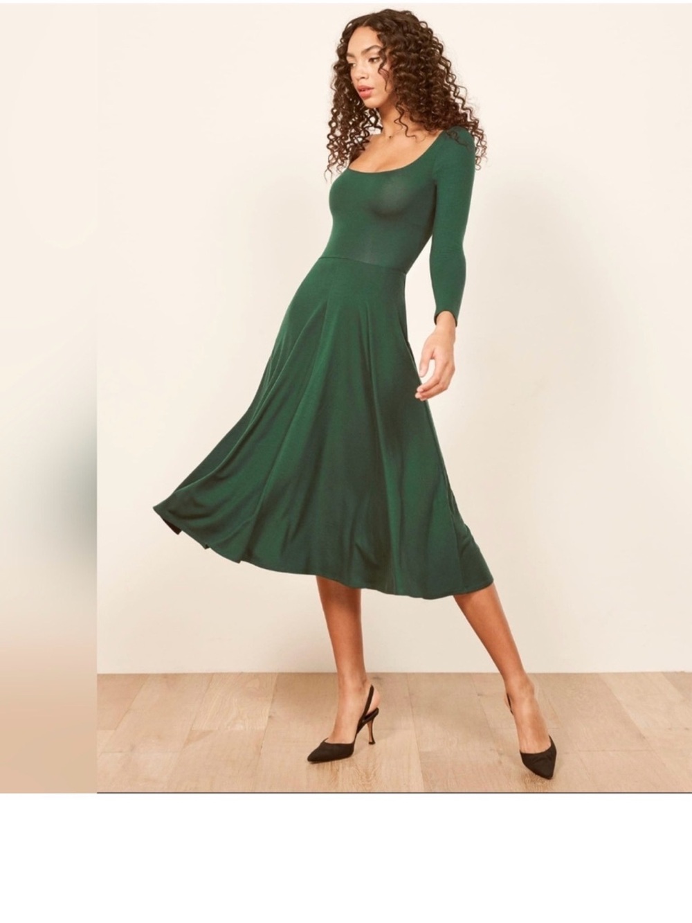 Reformation Jeans Lou A-Line Dress Green Small Long Sleeve Midi Dress - Picture 2 of 4